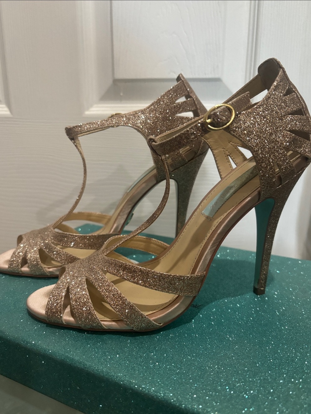 Blue by Betsey Johnson Champagne Gold Glitter T-Strap Stiletto Heels